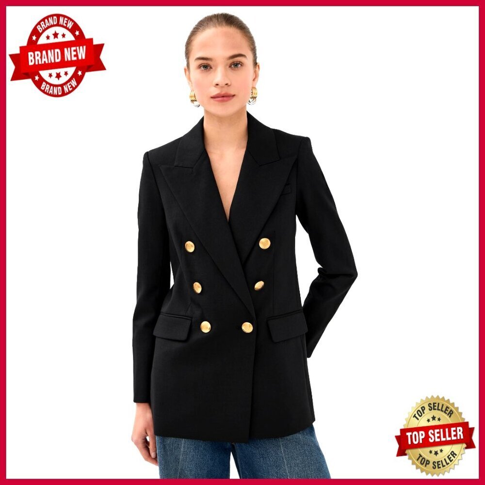 Short Wool Blazer with Padded Shoulders, Double-Breasted Closure